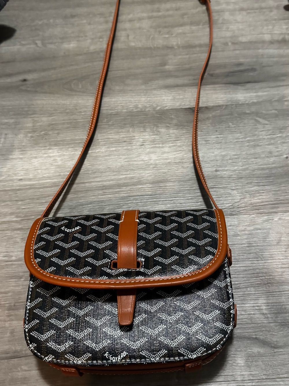 Fashion Bag- Black Canvas Chevron Crossbody with Brown Trim-read description